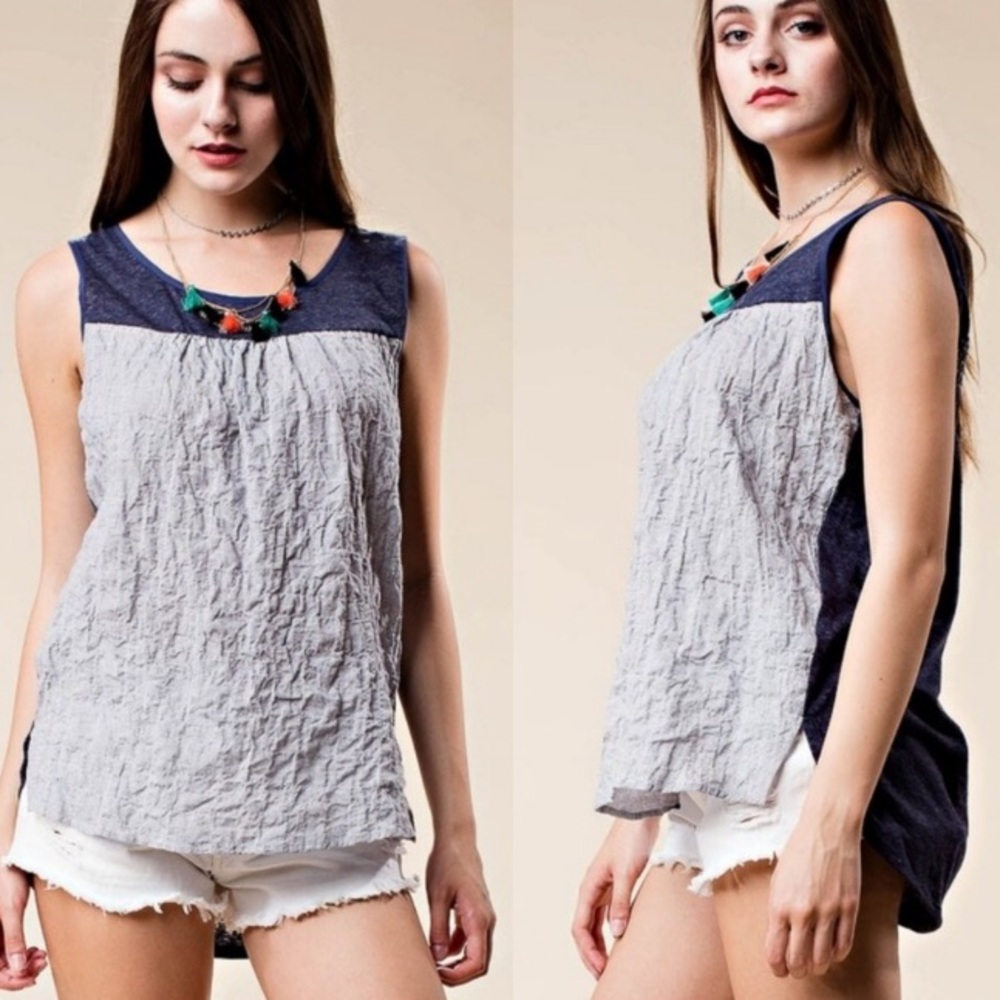 Kori America Denim Blue Crinkle Top Small Medium - Picture 3 of 8